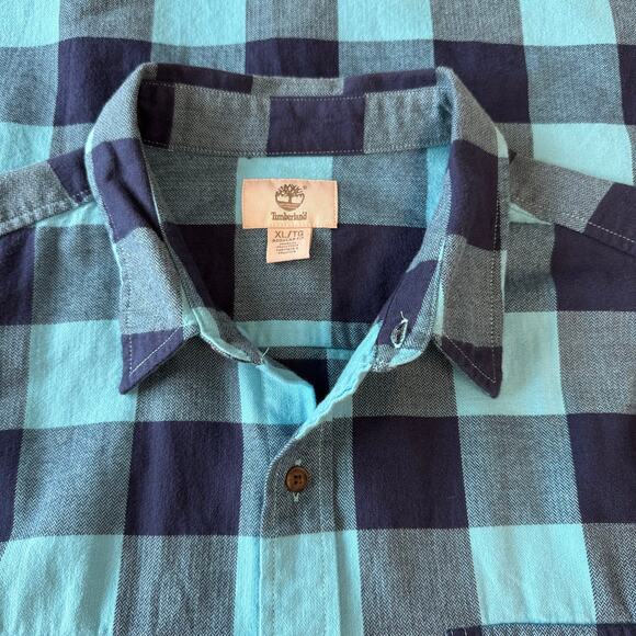 TIMBERLAND Cotton Flannel Button Up Shirt Men's Size XL Regular Aqua Navy Check - Picture 10 of 14